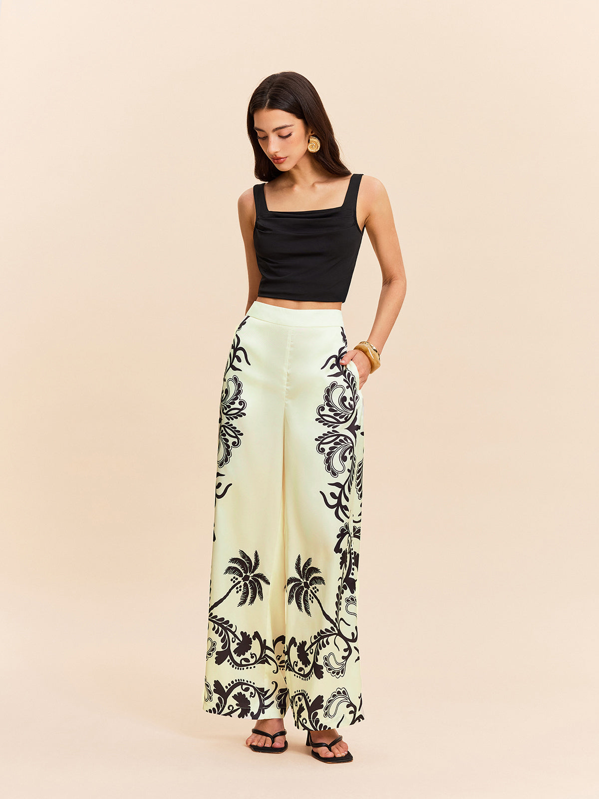 High-Waist Tropical Print Satin Pants