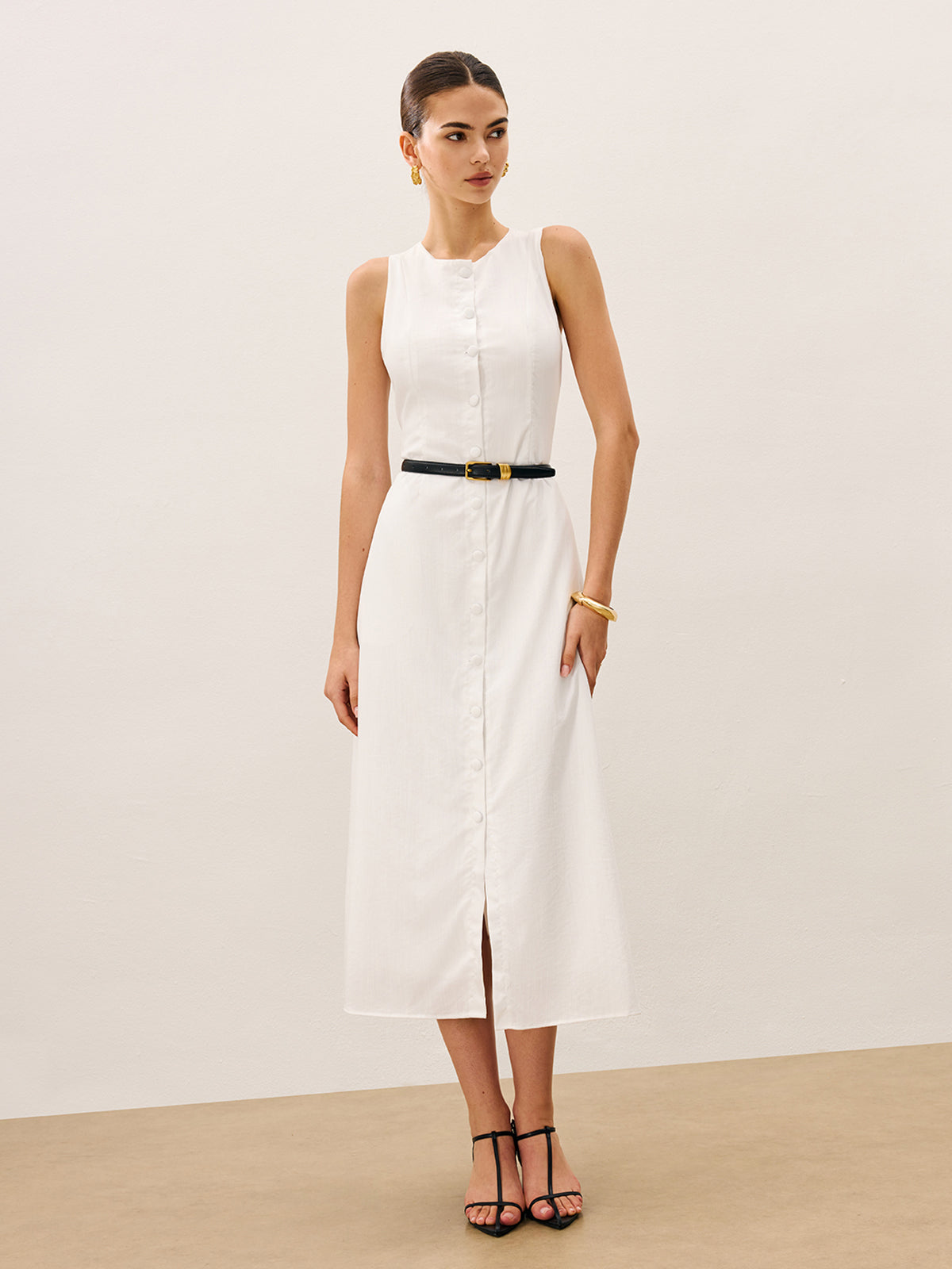 Cotton & Linen Button-Front Sleeveless Dress Without Belt