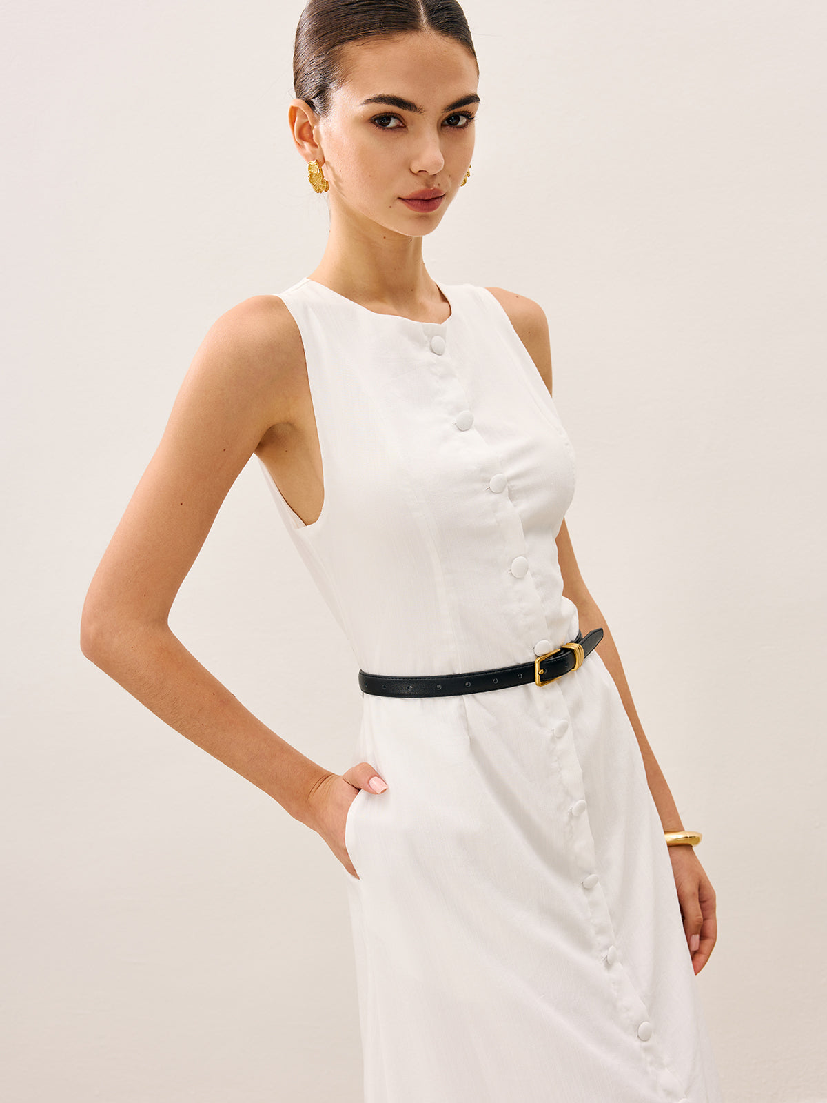 Cotton & Linen Button-Front Sleeveless Dress Without Belt