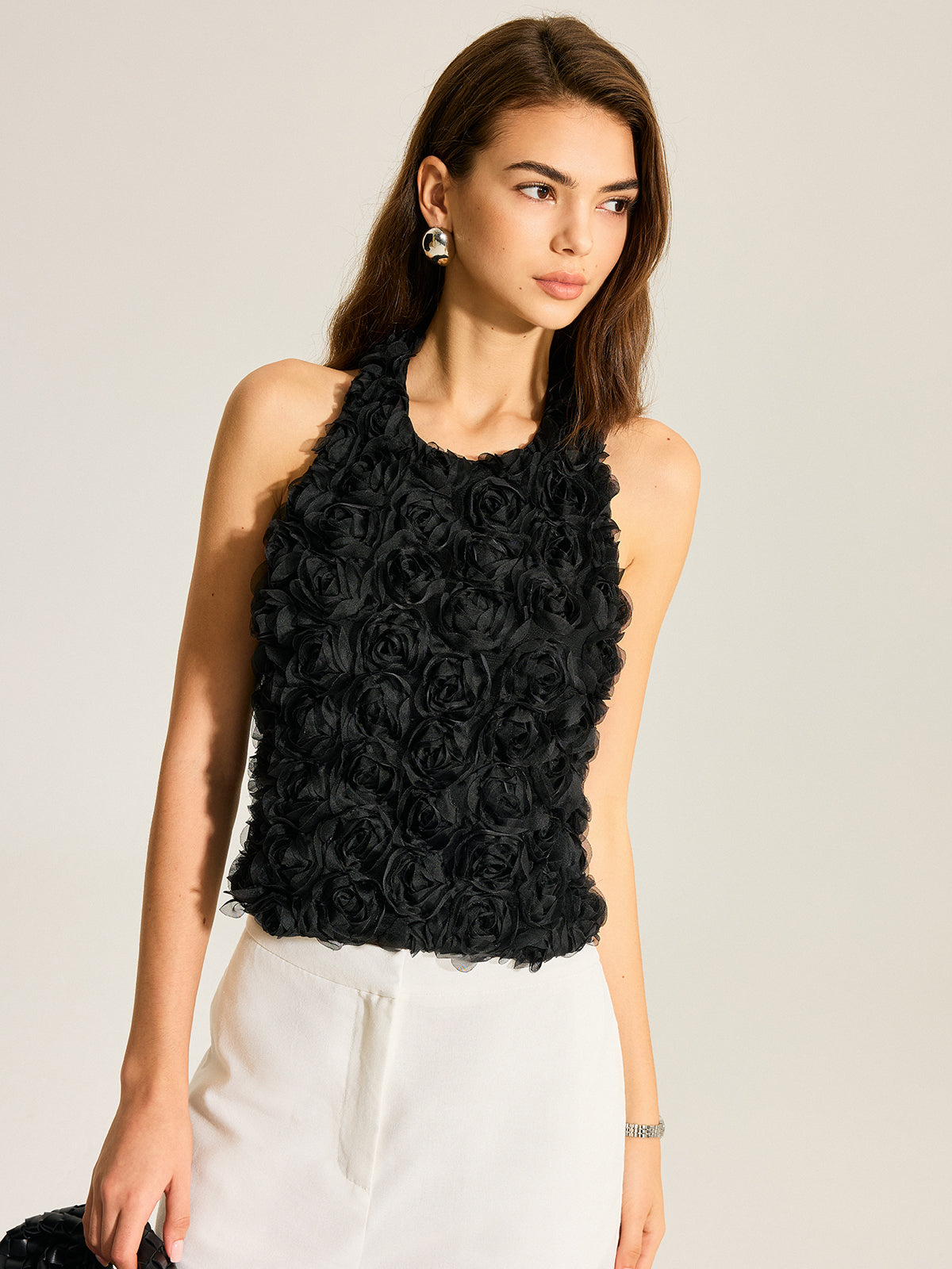 3D Floral Backless Bow Halter Top