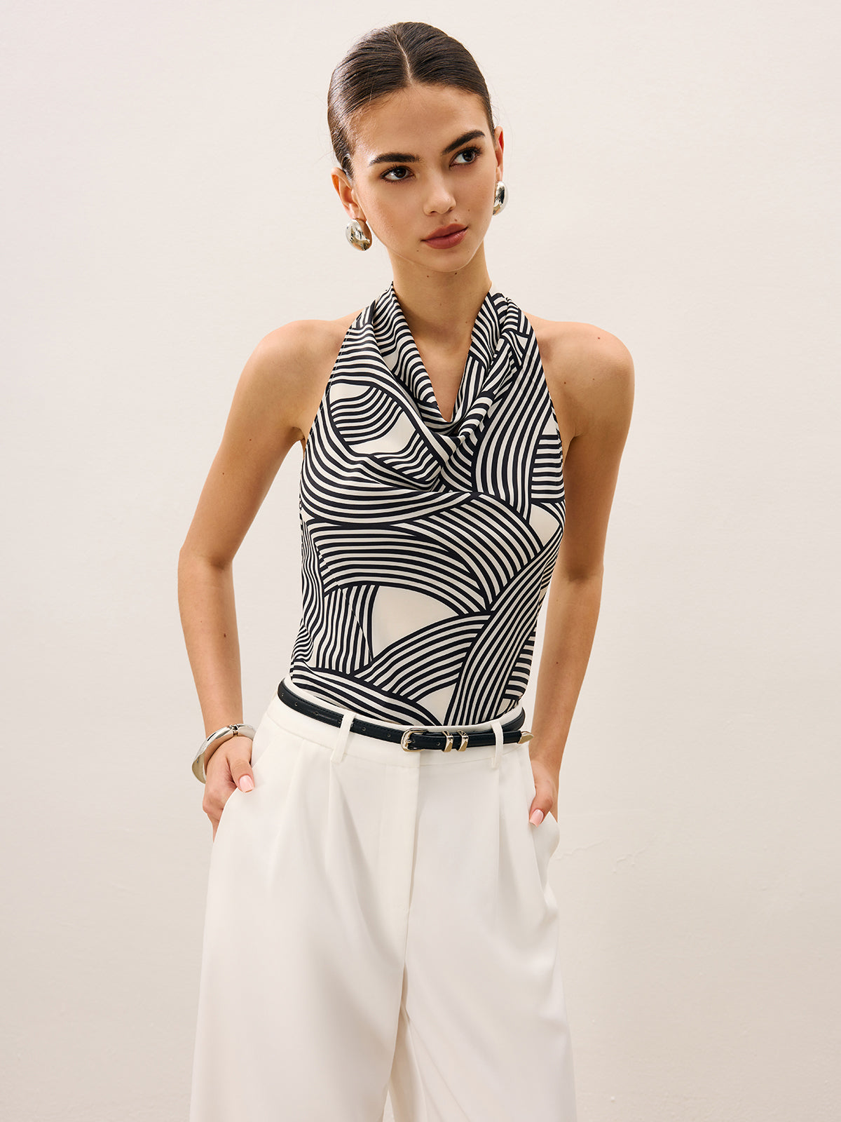Abstract Stripe Print Cowl Neck Halter Top