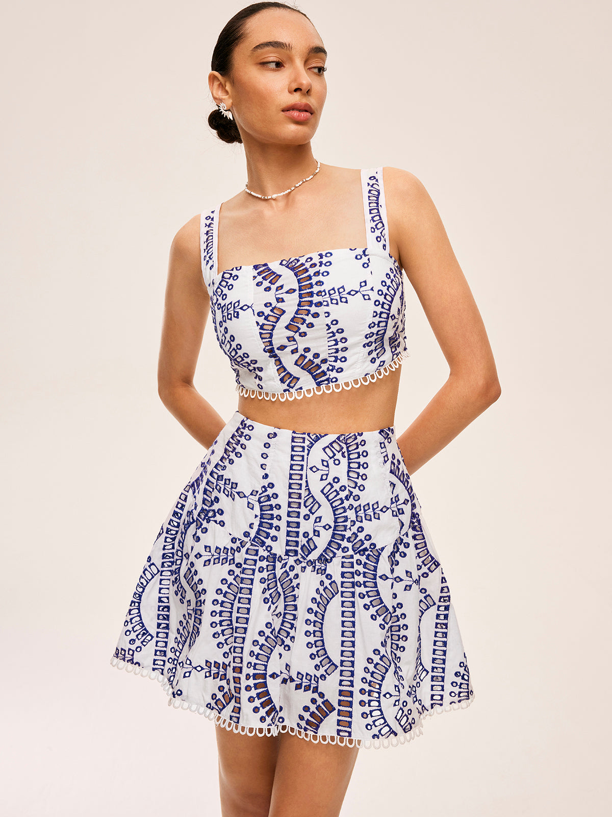 Embroidered Lace Trim Skirt Set