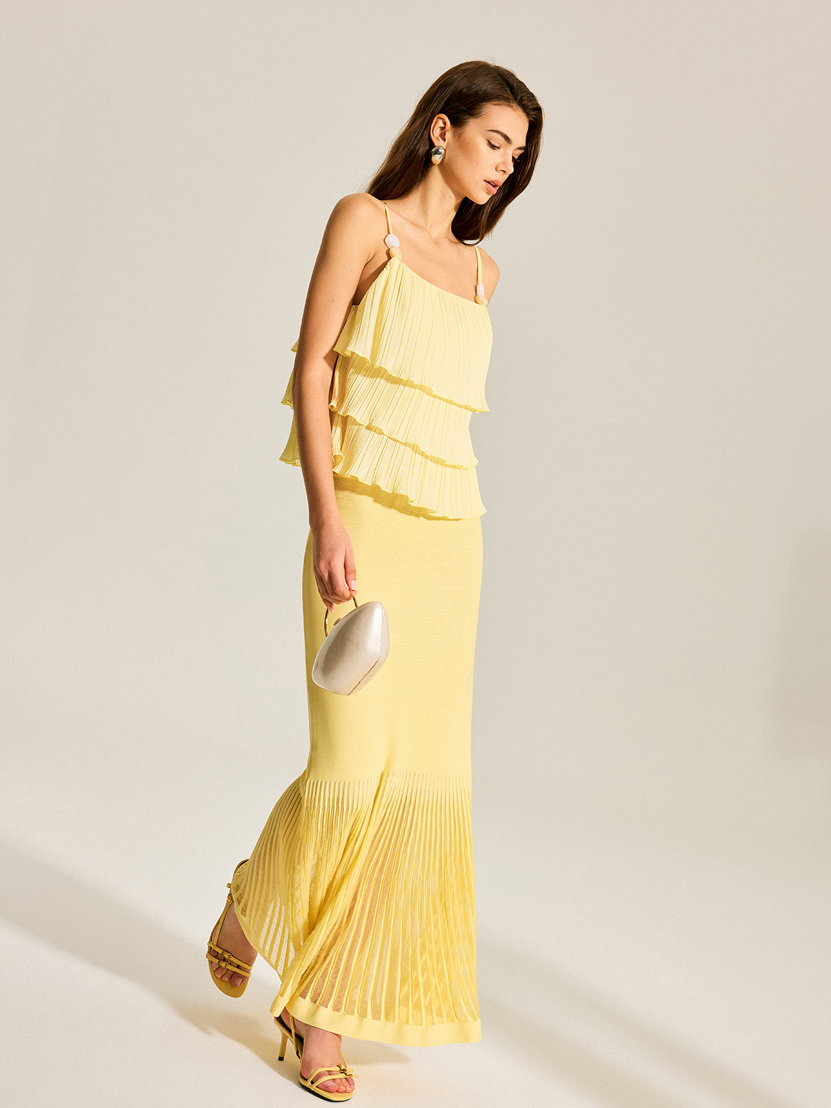 Beaded Strap Tiered Pleated Cami Top