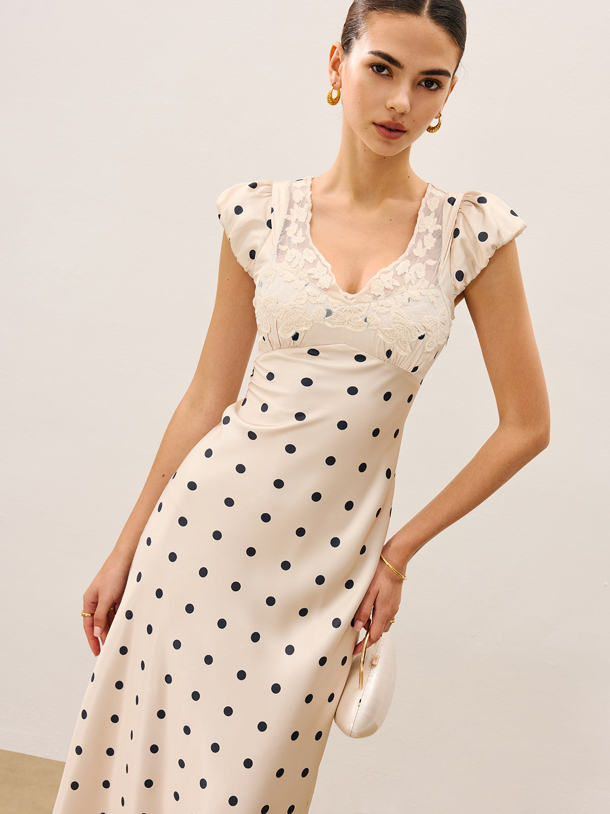 Lace Trim Polka Dot Dress With Invisible Zipper