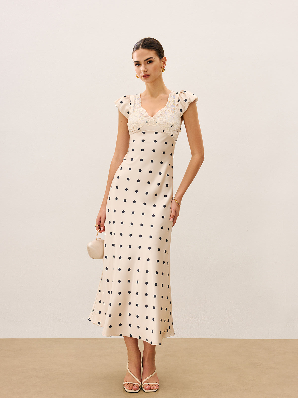 Lace Trim Polka Dot Dress With Invisible Zipper