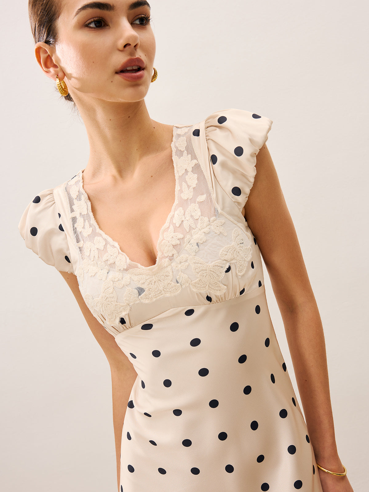 Lace Trim Polka Dot Dress With Invisible Zipper