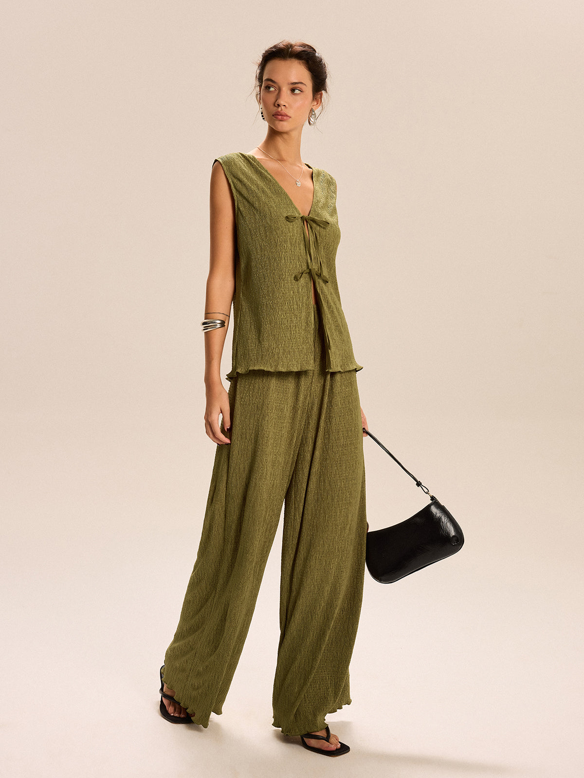 Sleeveless Tie-Front Top and Wide-Leg Pants Set