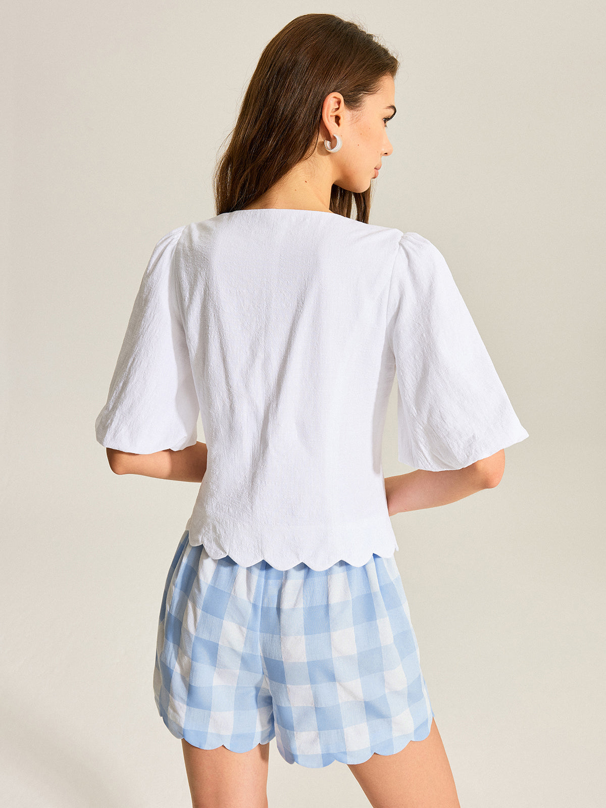 Cotton & Linen Scallop Trim Puff Sleeve Top