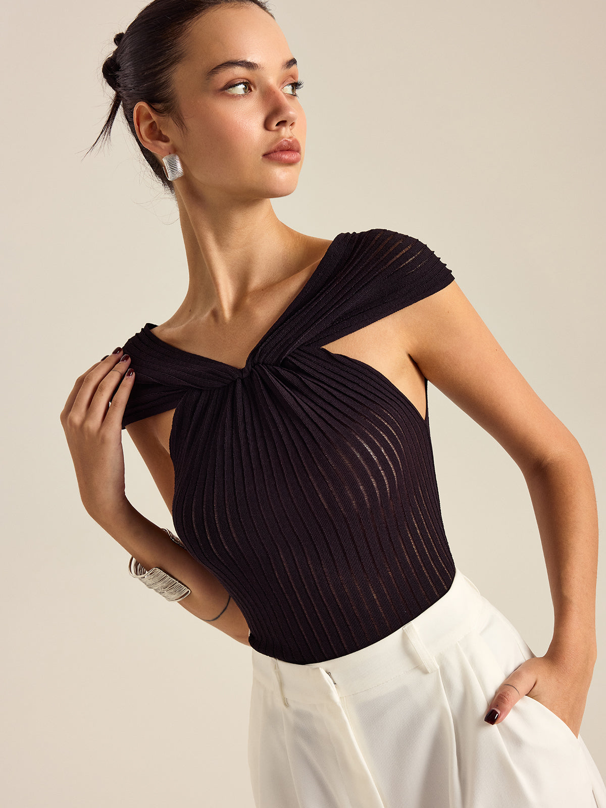 Pleated Knit Twist-Front Top
