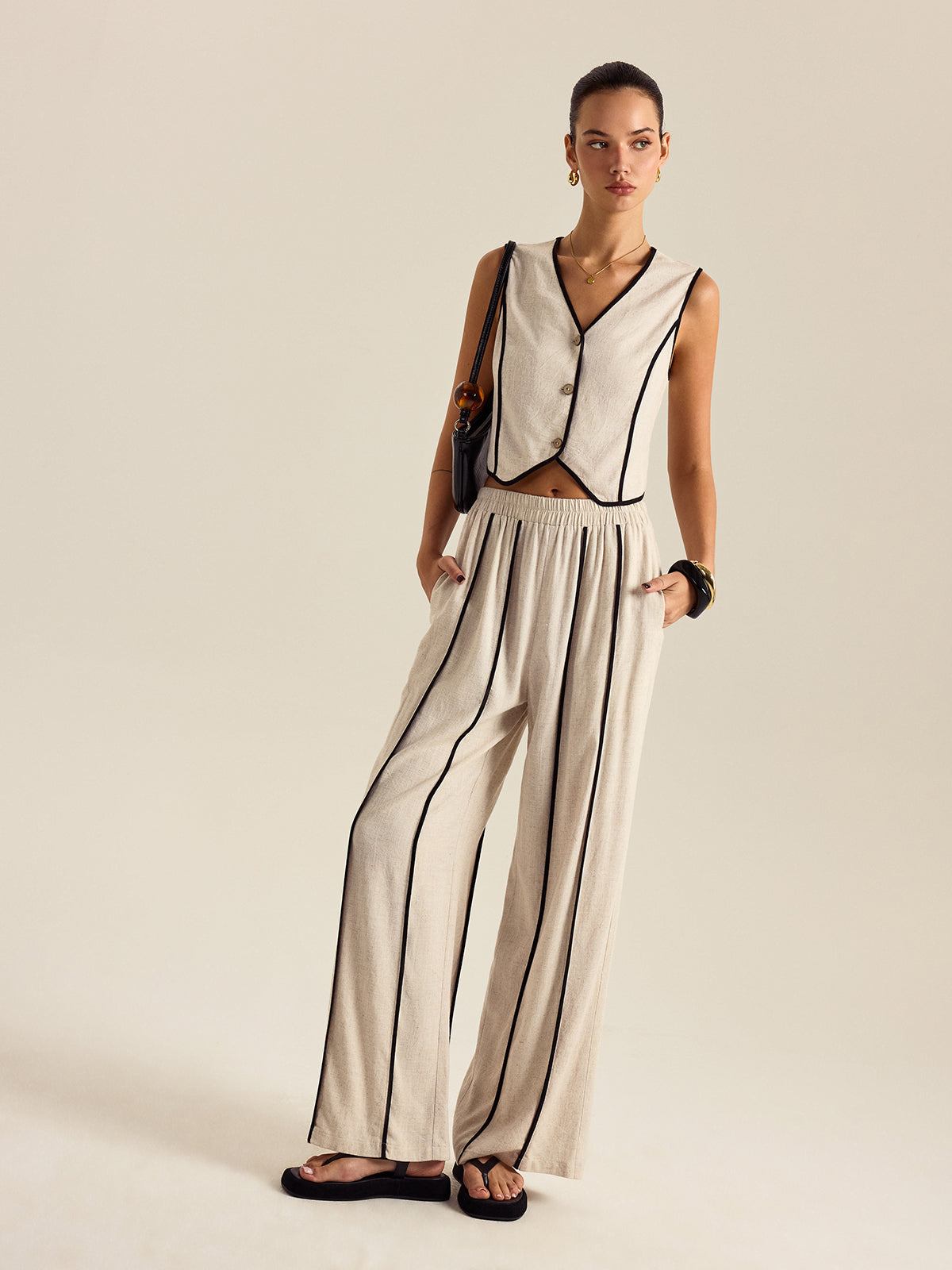 Linen & Cotton Striped Pants Set With Elastic Waist