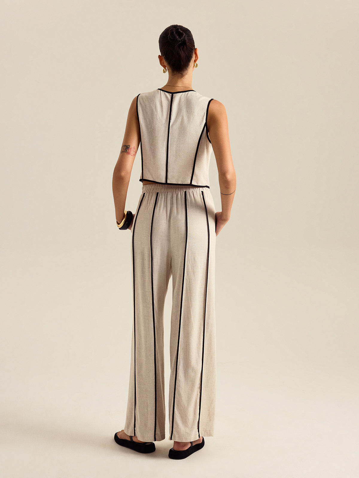 Linen & Cotton Striped Pants Set With Elastic Waist