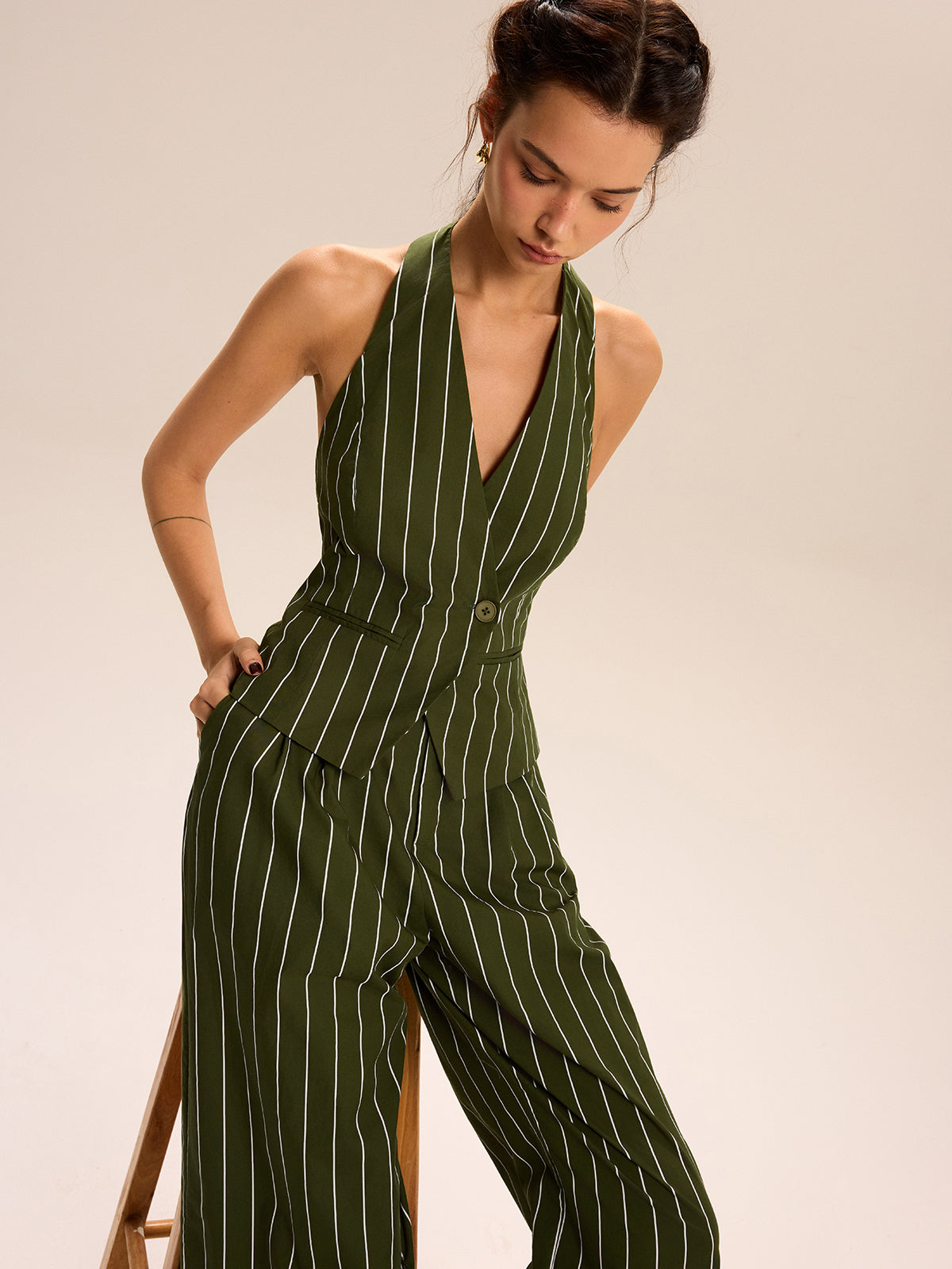 Striped Halter-Neck Vest and Wide-Leg Pants Set