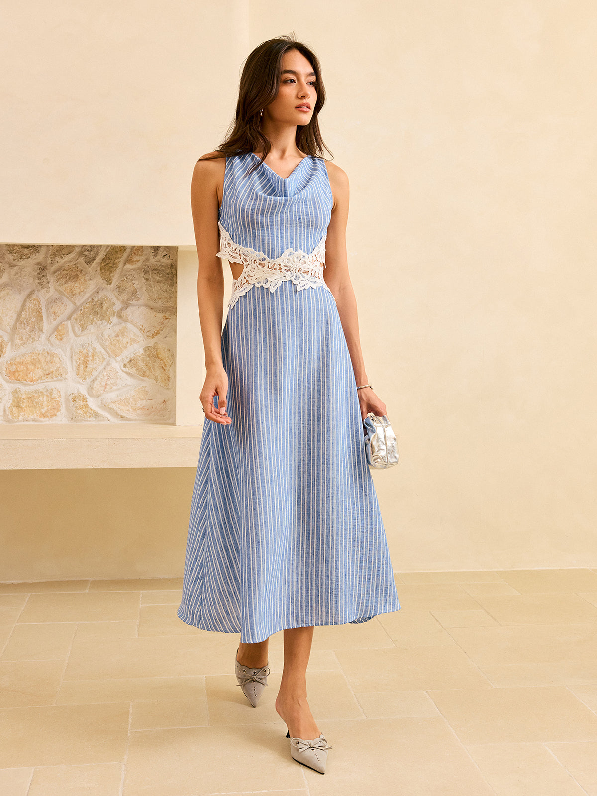 Striped Open-Back Dress with Lace Detail
