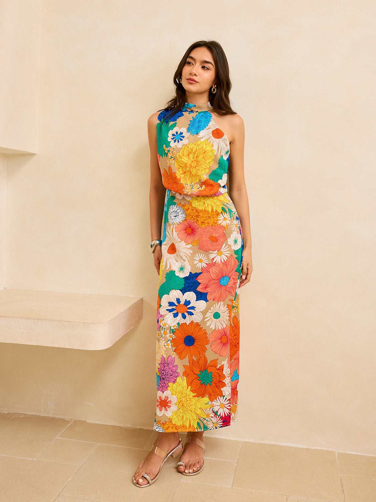 Floral Print Maxi Dress with Tie Back