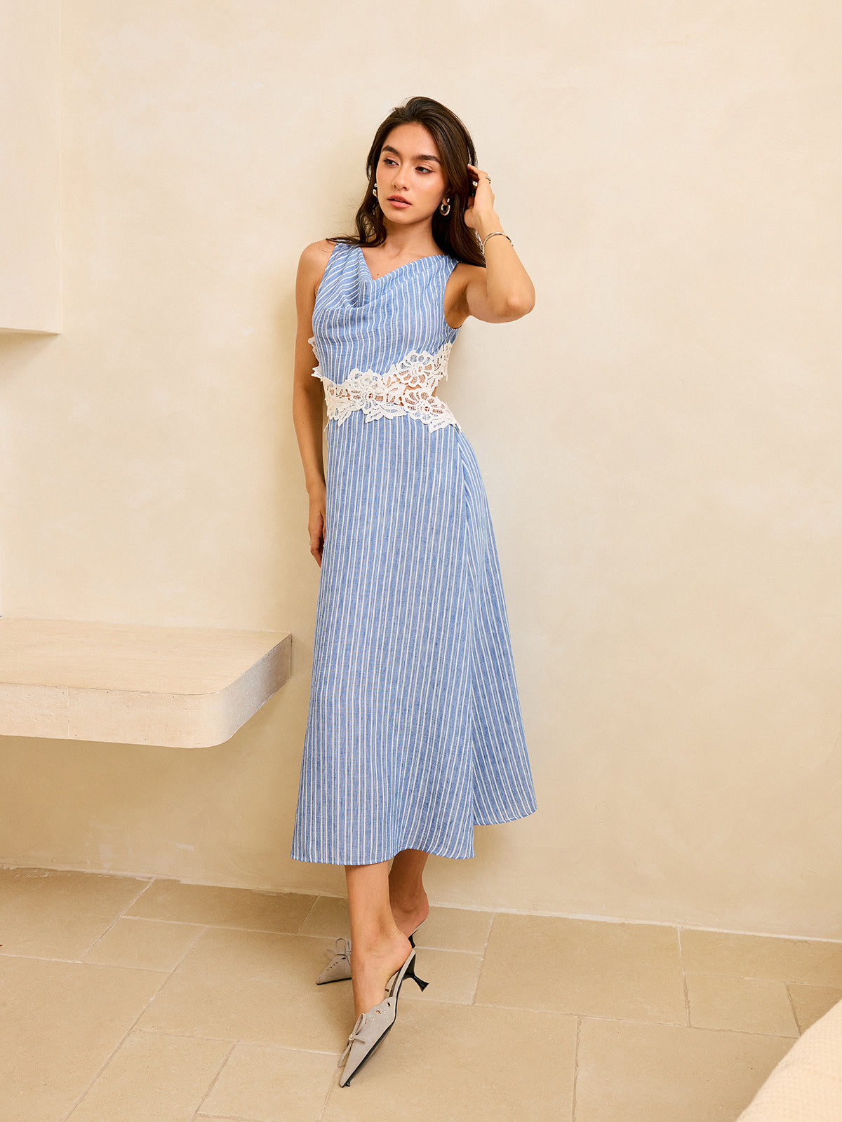 Striped Open-Back Dress with Lace Detail