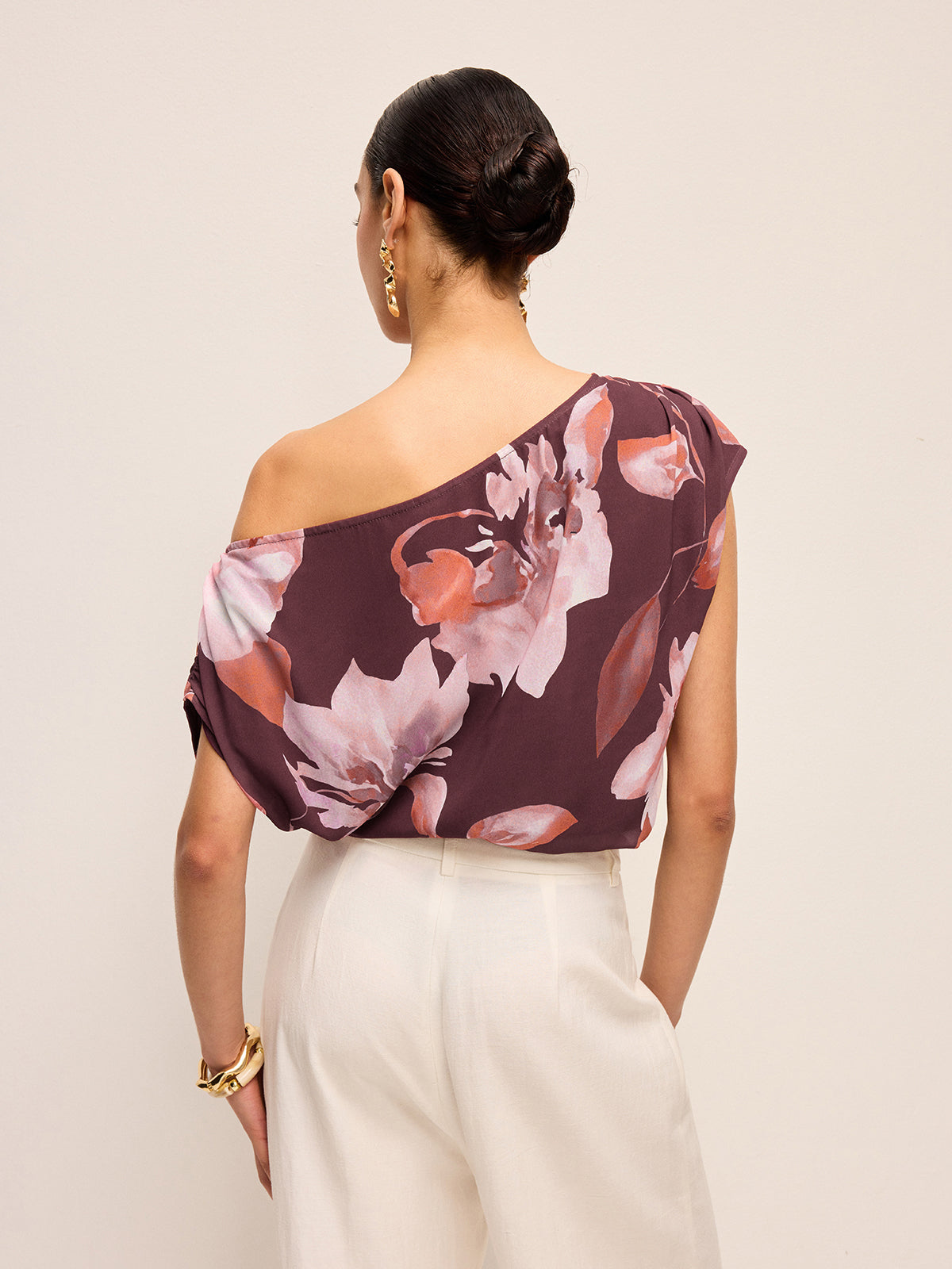 One-Shoulder Floral Belted Blouse