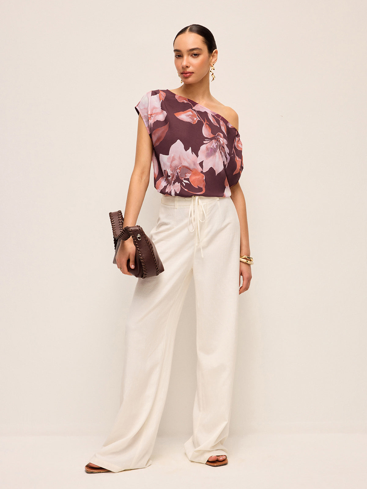 One-Shoulder Floral Belted Blouse