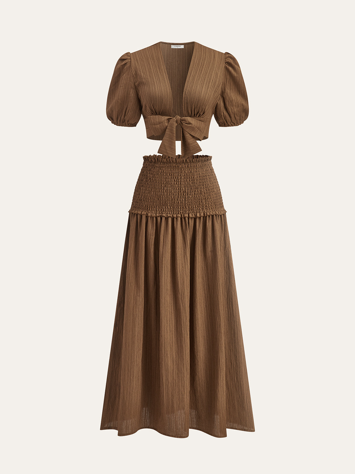 Puff-Sleeve Crop Top and Smocked-Waist Midi Skirt Set