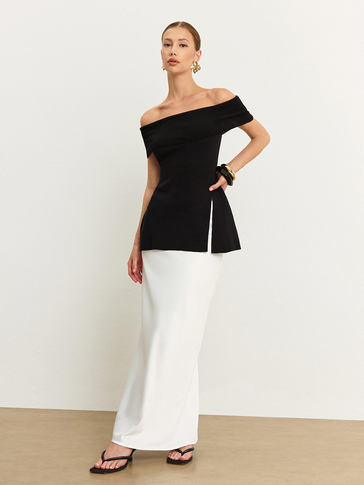 Off-Shoulder Knit Top with Slit