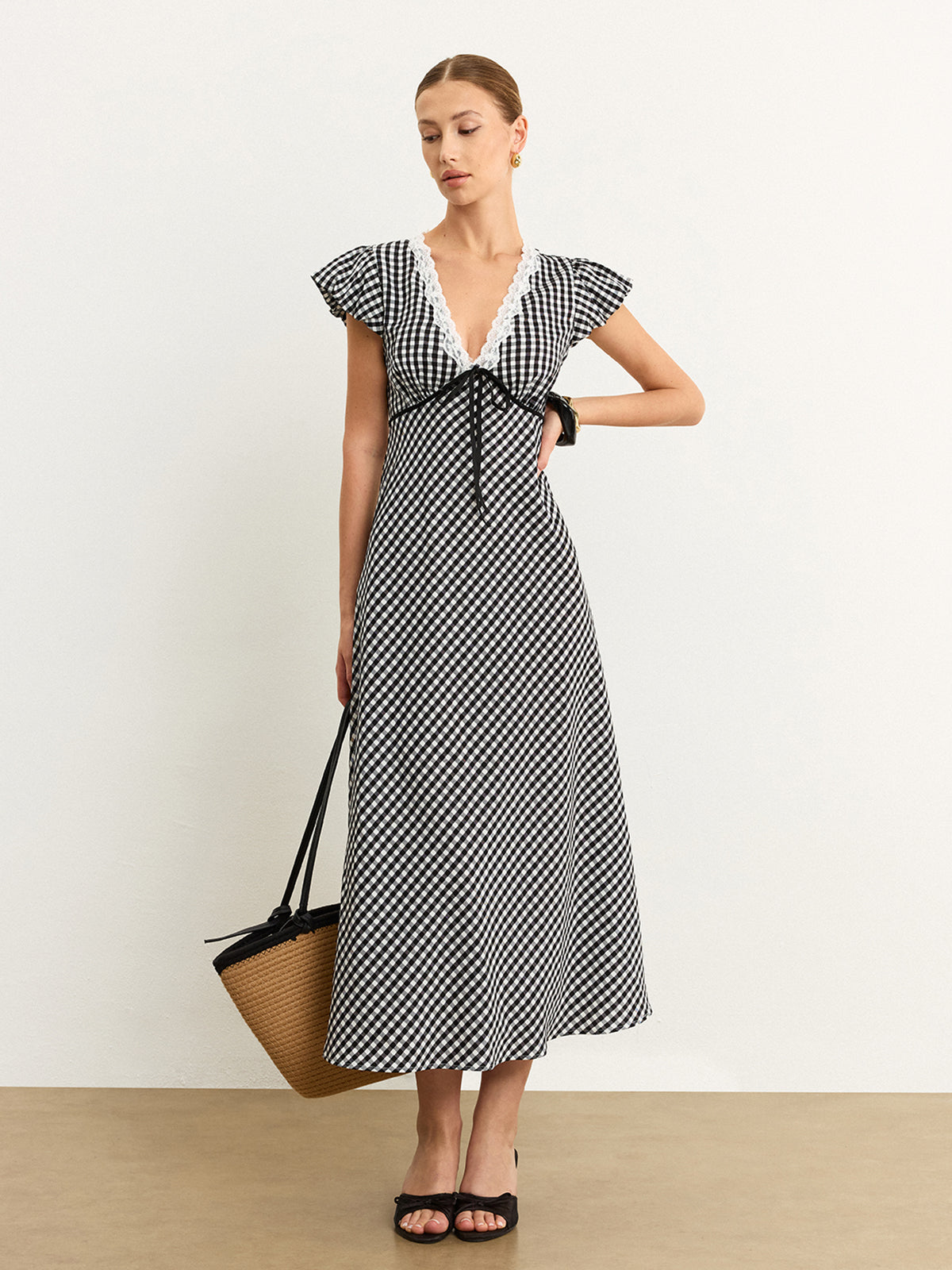 Gingham Lace-Trimmed Midi Dress with Flutter Sleeves