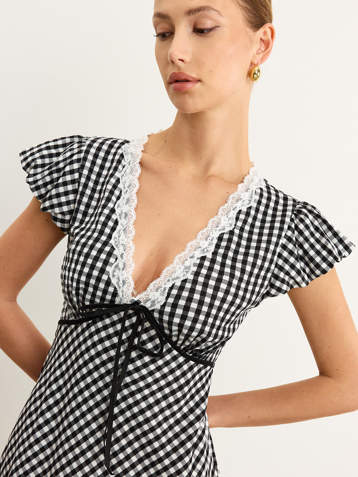 Gingham Lace-Trimmed Midi Dress with Flutter Sleeves