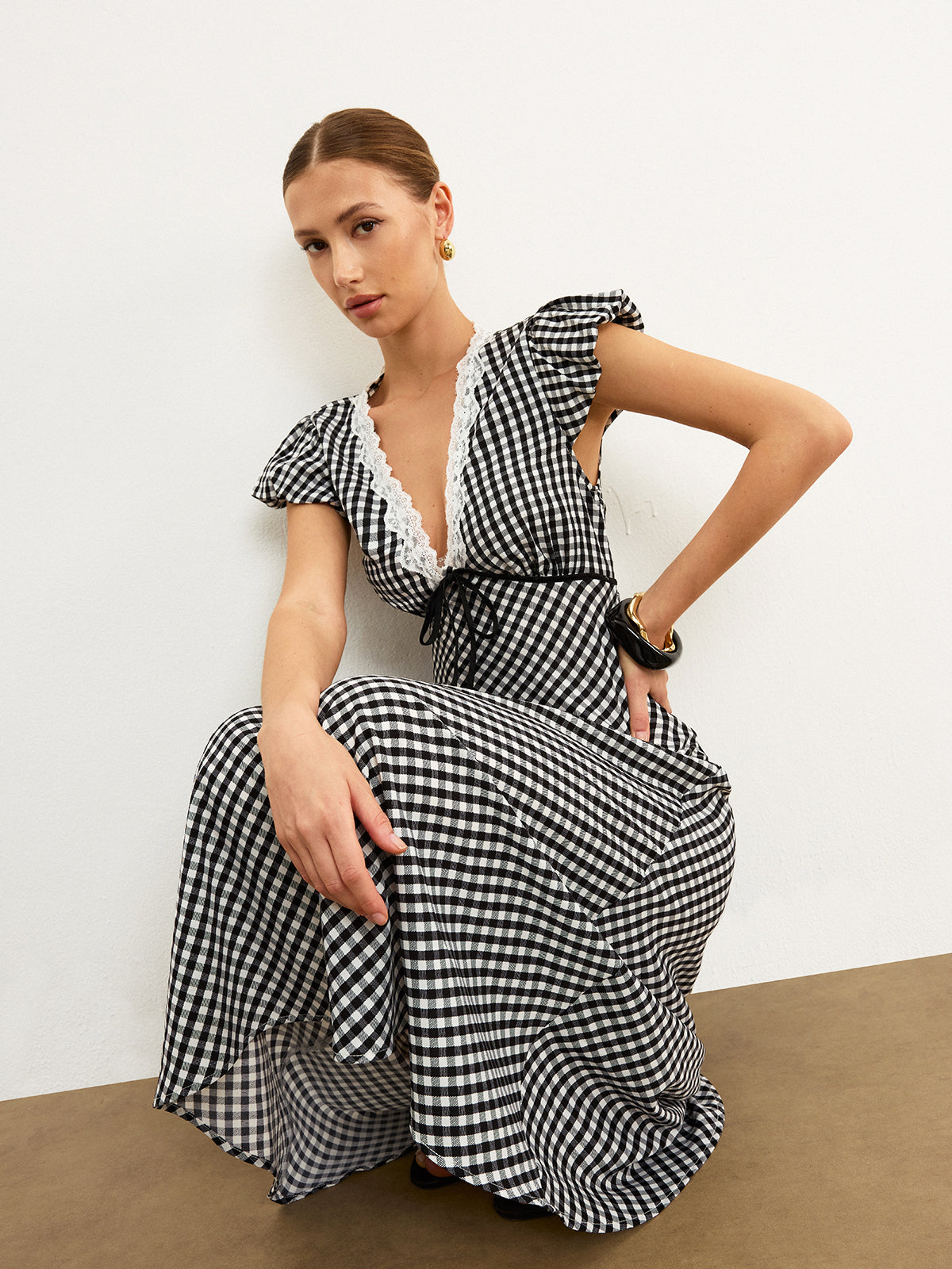 Gingham Lace-Trimmed Midi Dress with Flutter Sleeves