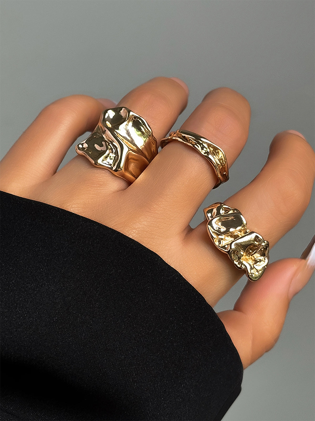 Three-Piece Irregular Golden Tone Ring Set