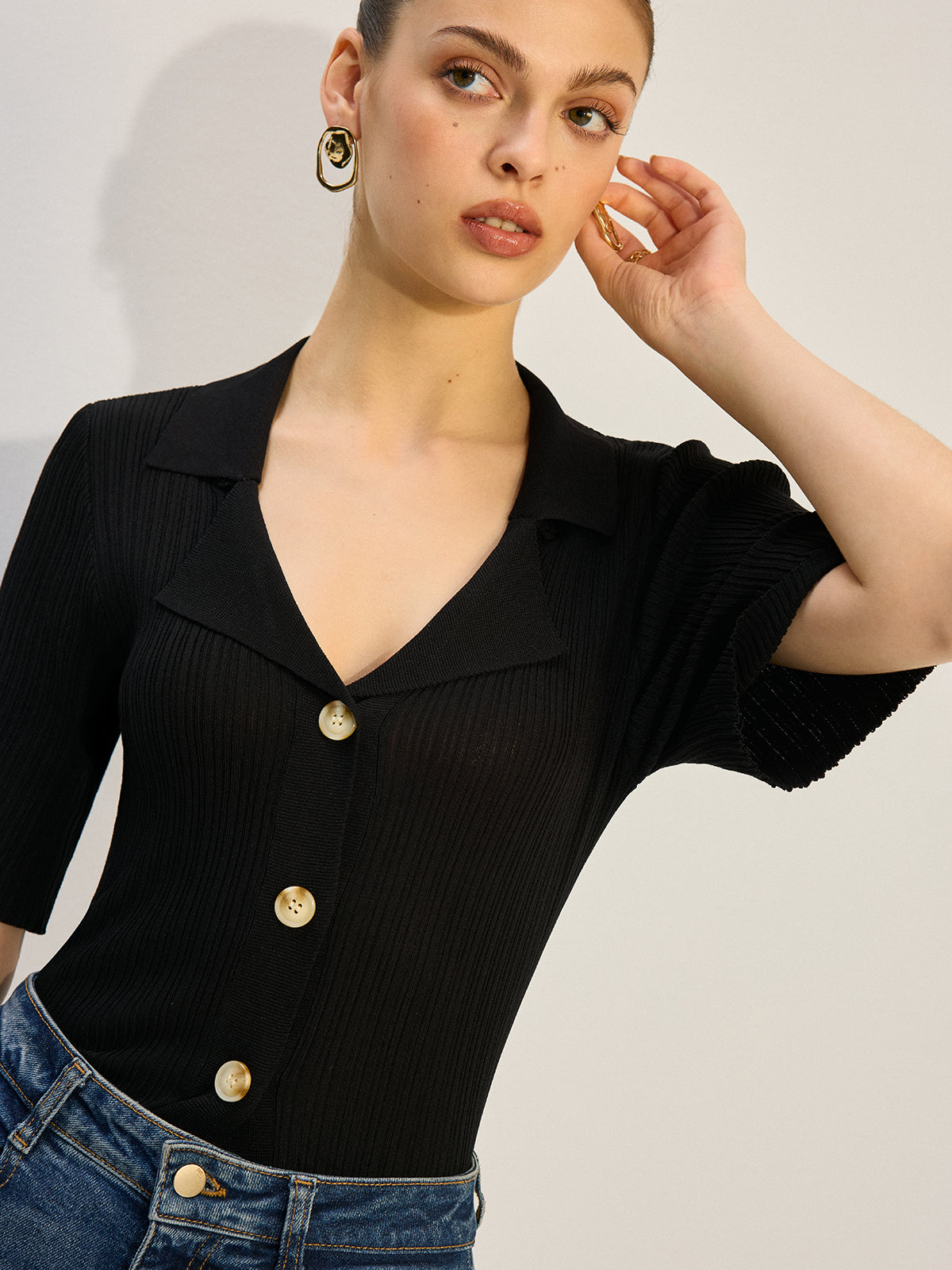 Knit Button-Up Blouse