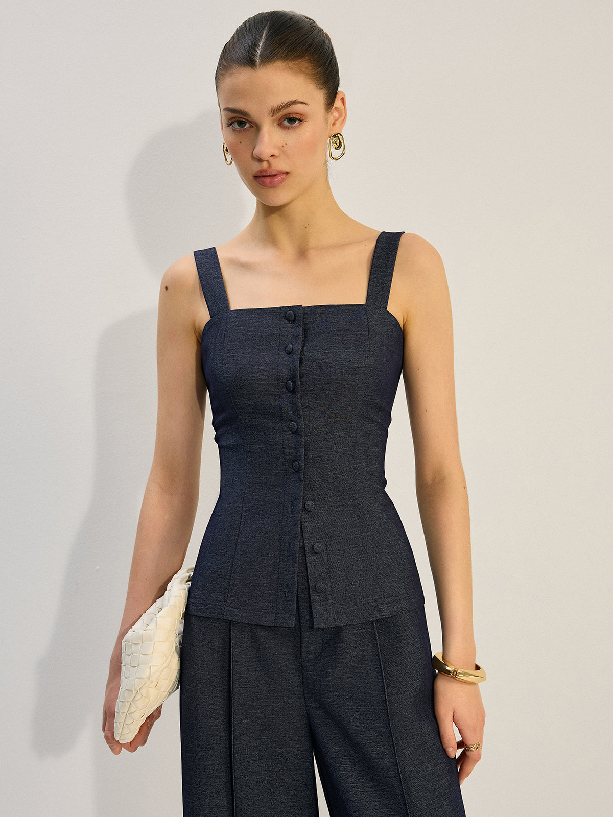 Button-Front Denim Vest Top