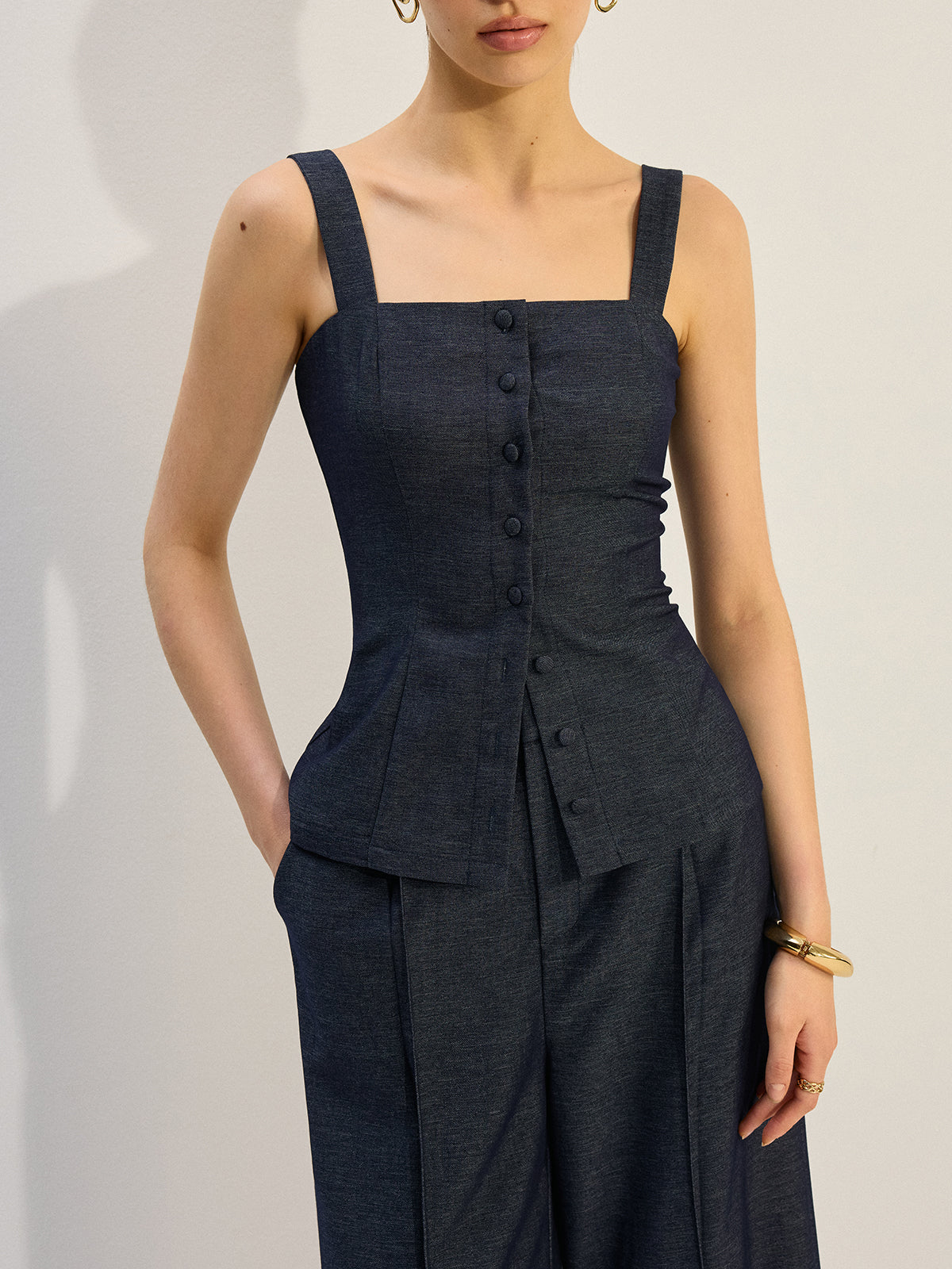 Button-Front Denim Vest Top