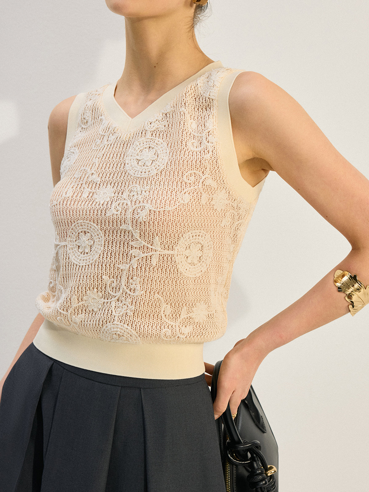 Semi-Sheer Ribbed V-Neck Knit Vest