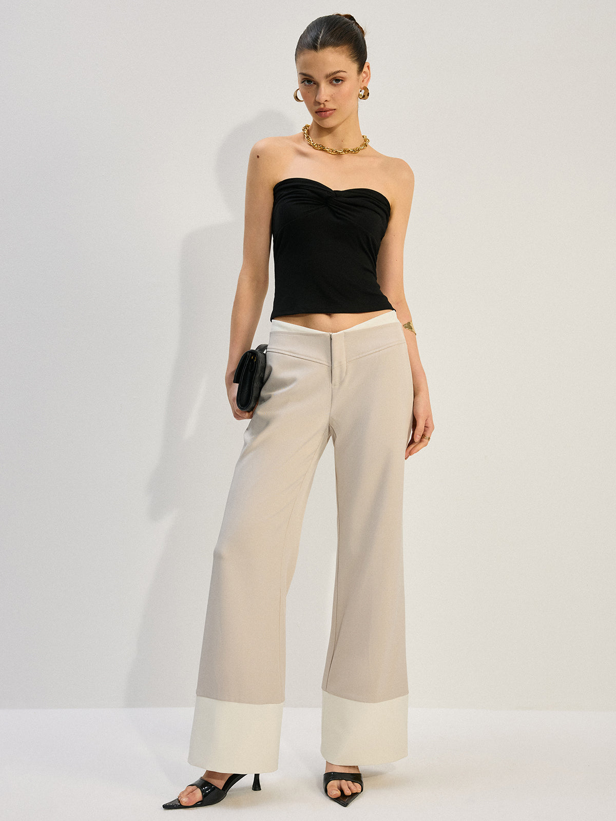 Wide-Leg Low-Rise Pants with Colorblock Hem