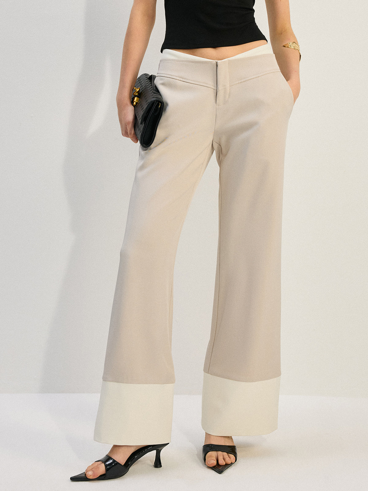Wide-Leg Low-Rise Pants with Colorblock Hem