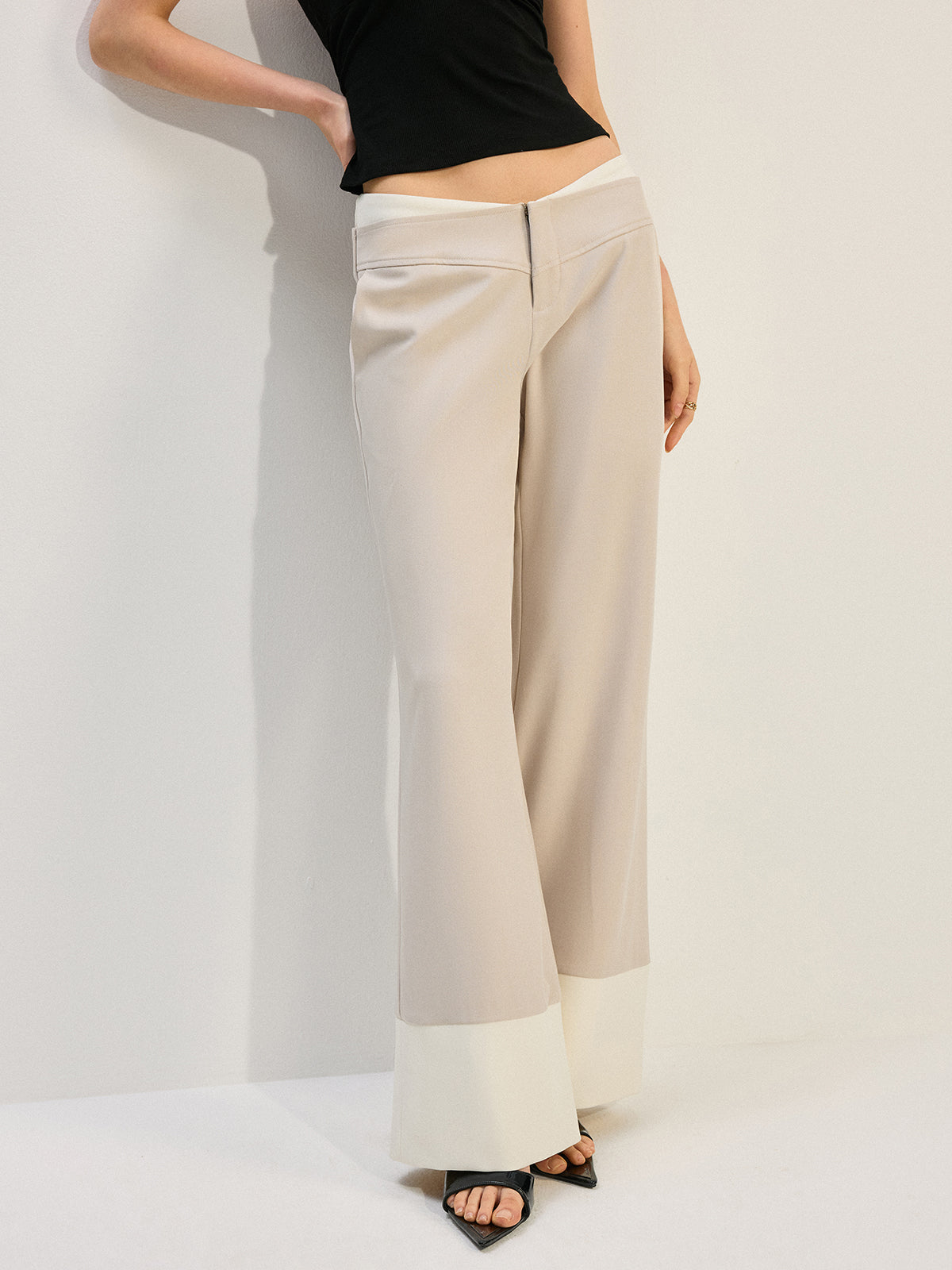 Wide-Leg Low-Rise Pants with Colorblock Hem