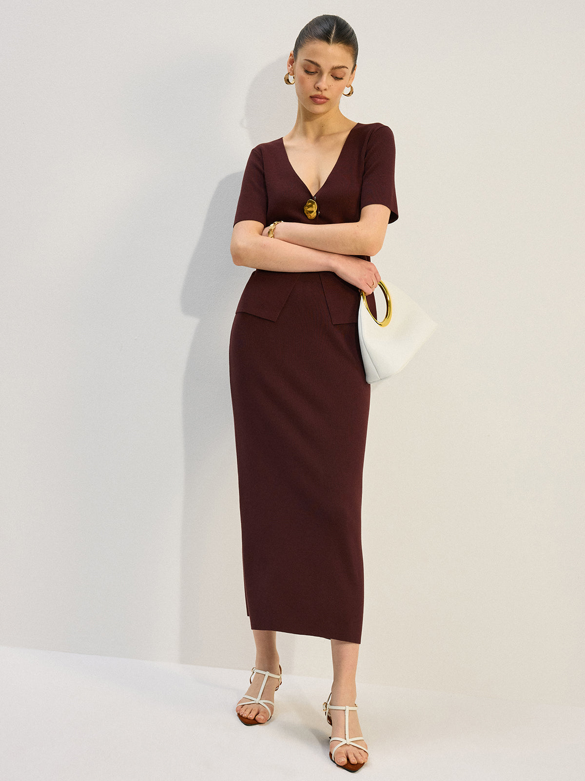 Metal Decor V-Neck Knit Co-ords Set