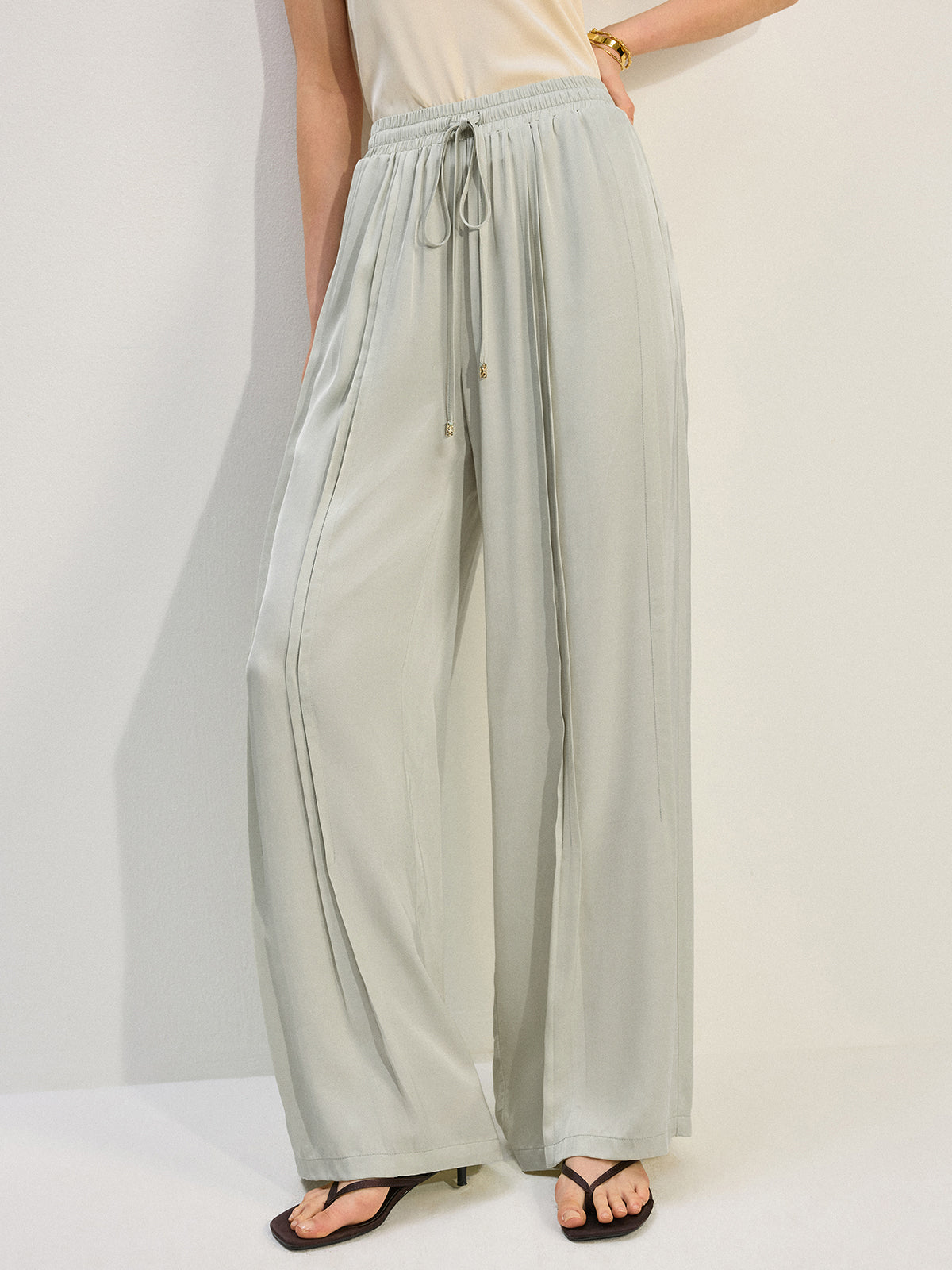 Tencel Rayon Satin Wide-Leg Pants with Pleats