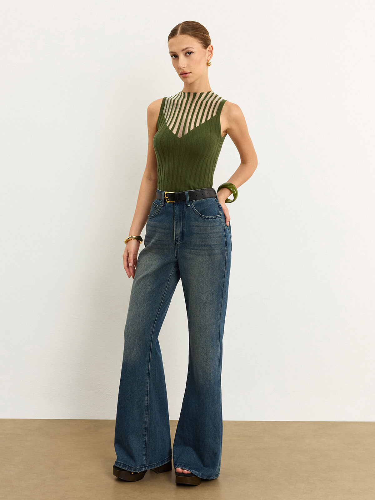 Sleeveless Top with Striped Sheer Detail