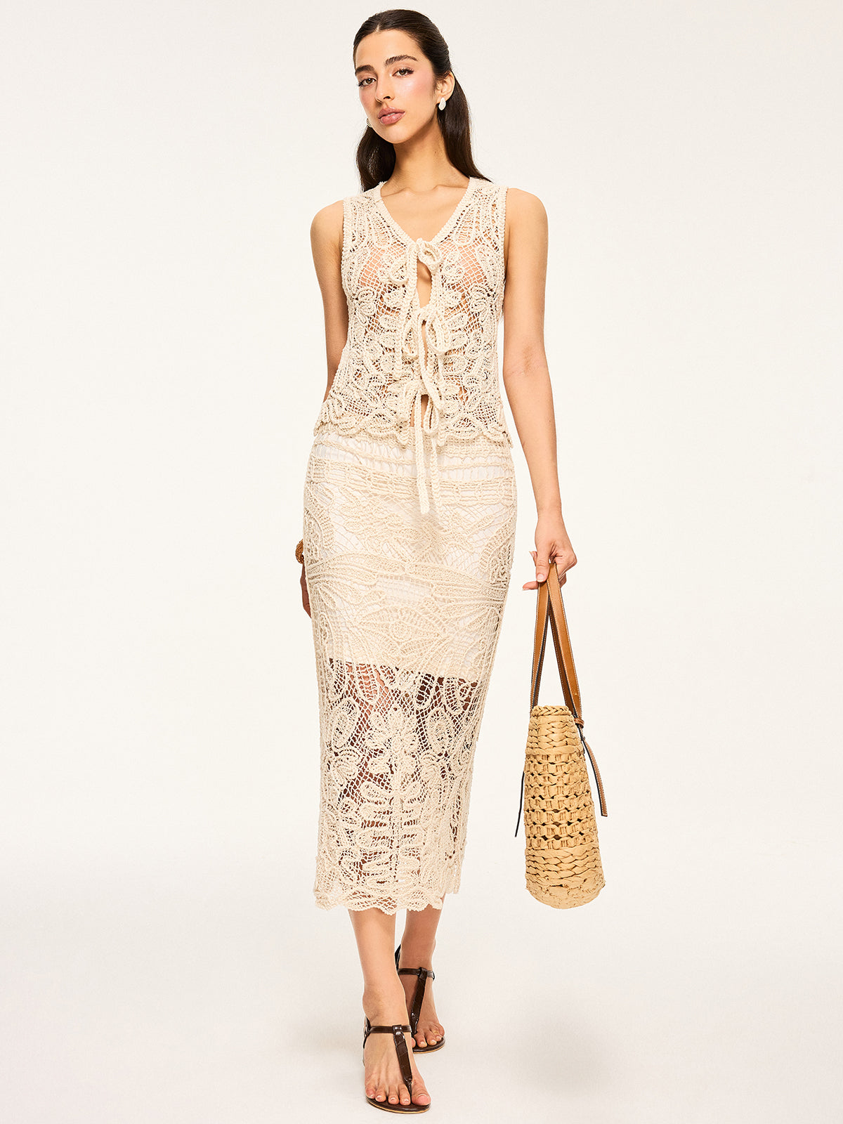 Sheer Crochet Tie-Front Cardigan