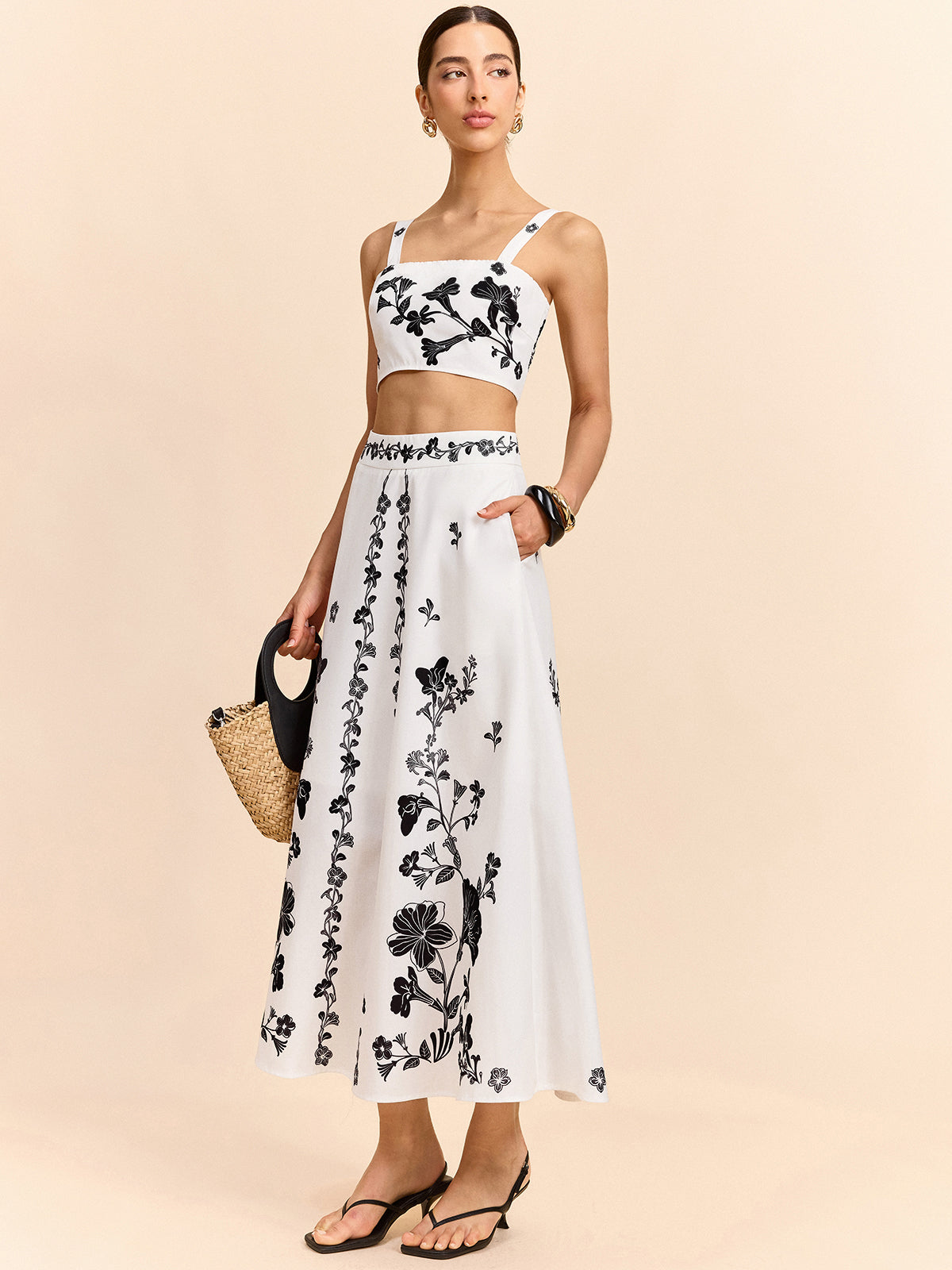 Floral Embroidered Crop Top and Midi Skirt Set