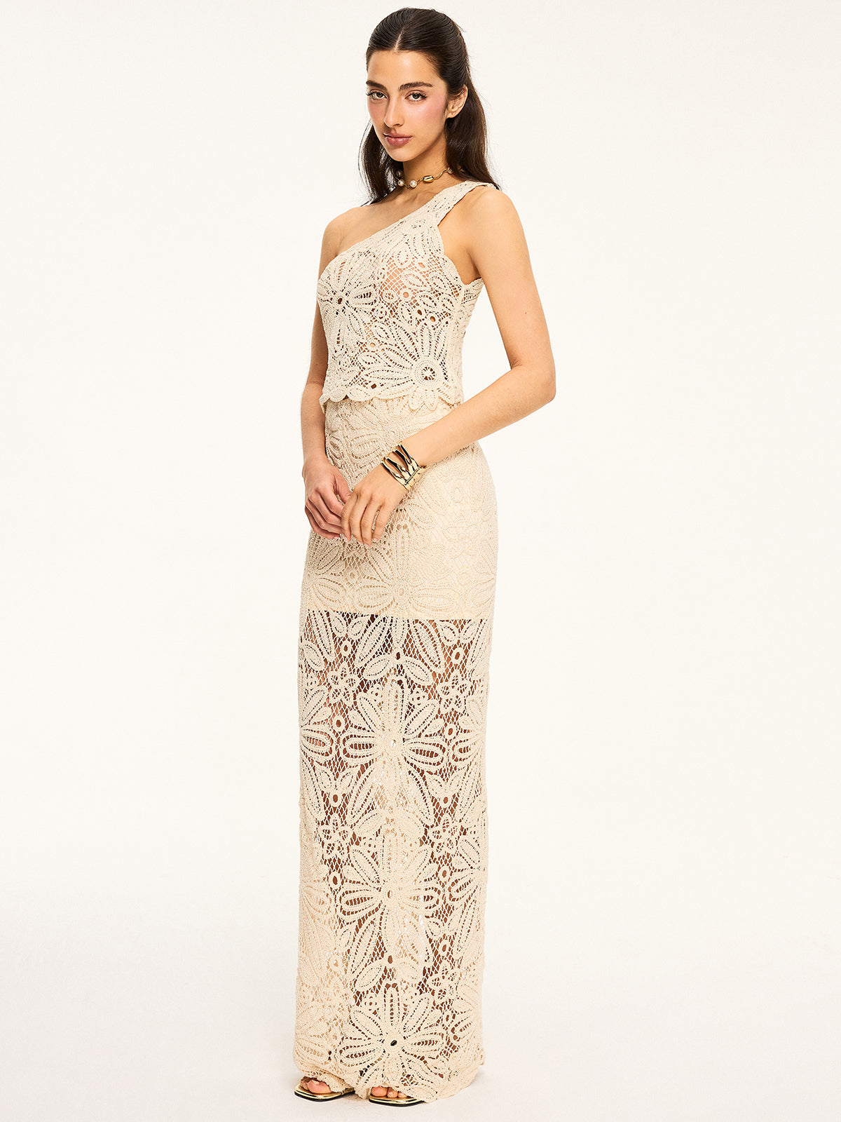 One-Shoulder Crochet Crop Top and Maxi Skirt Set