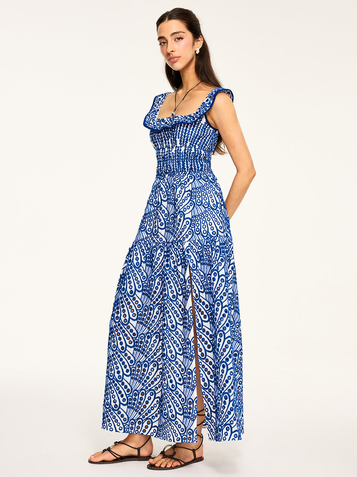Embroidered Maxi Dress with Ruffled Trim