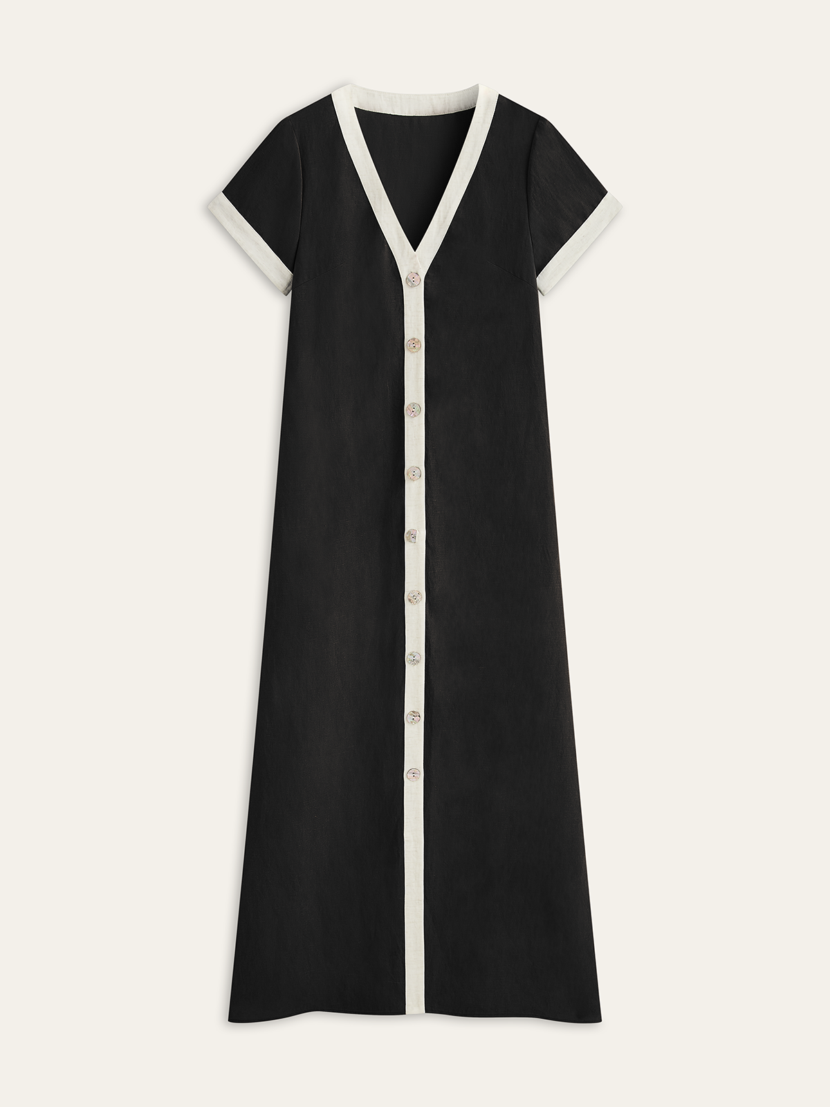 Cotton & Linen High-Slit Contrast Trim Dress