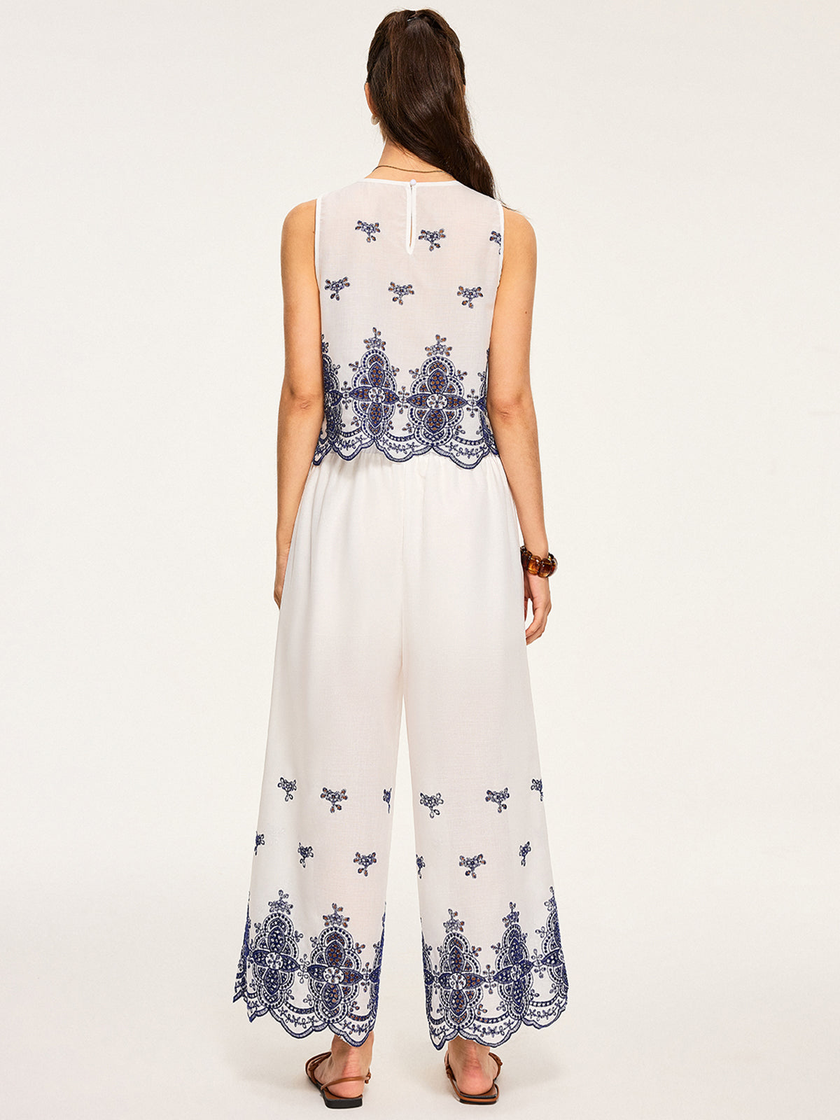 Embroidered Cropped Top and Wide-Leg Pants Set