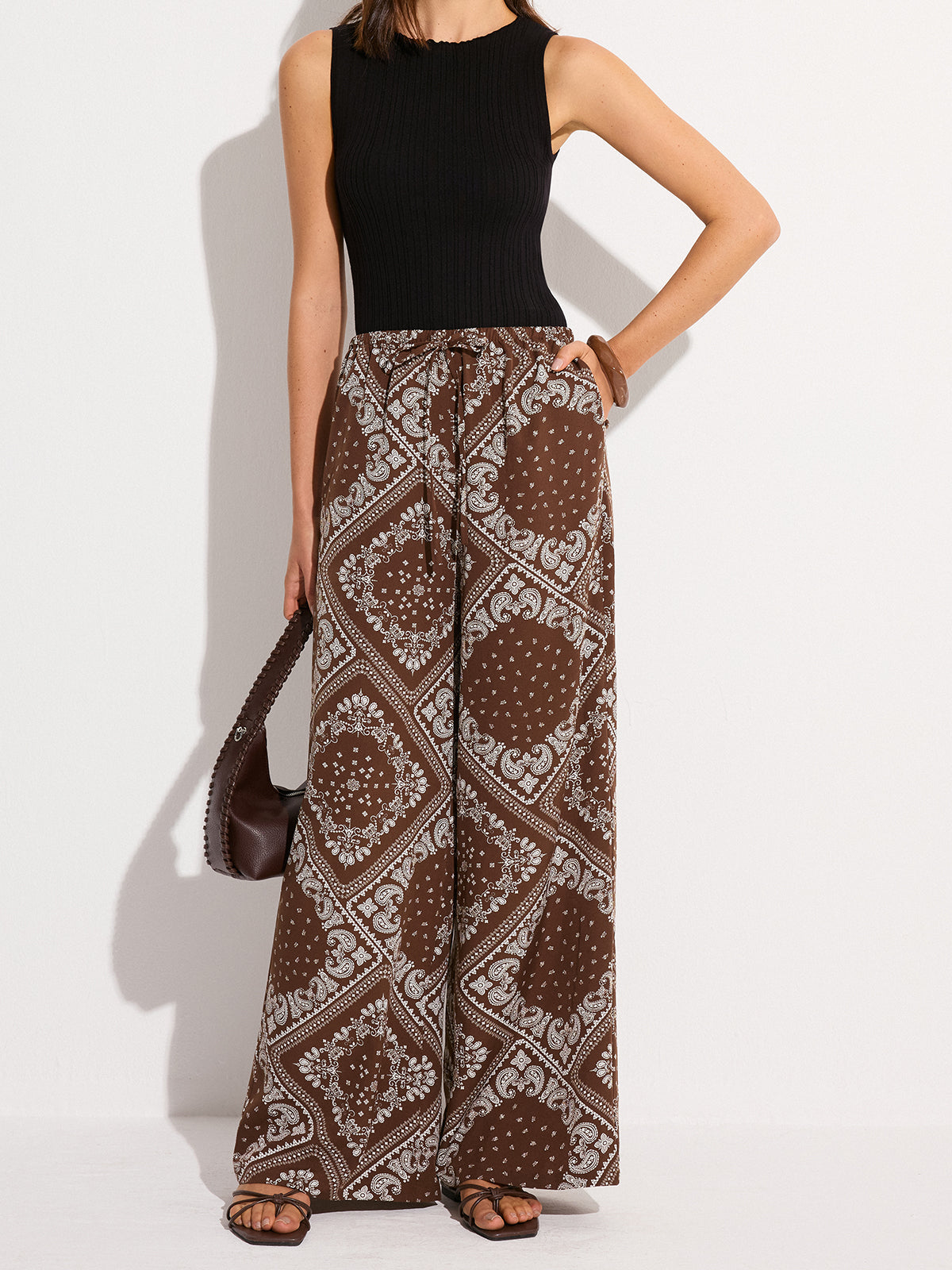 Paisley Print Pocketed Wide-Leg Pants