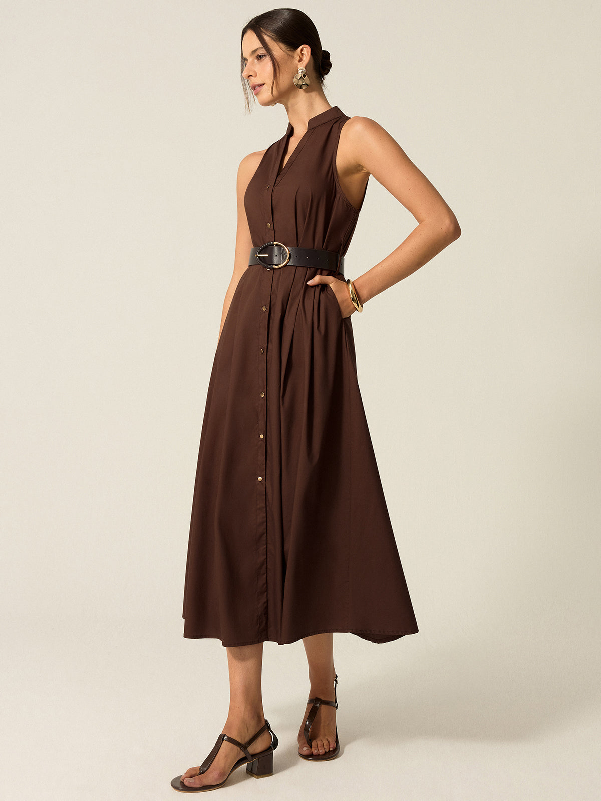 Belted Button-Front Midi Dress
