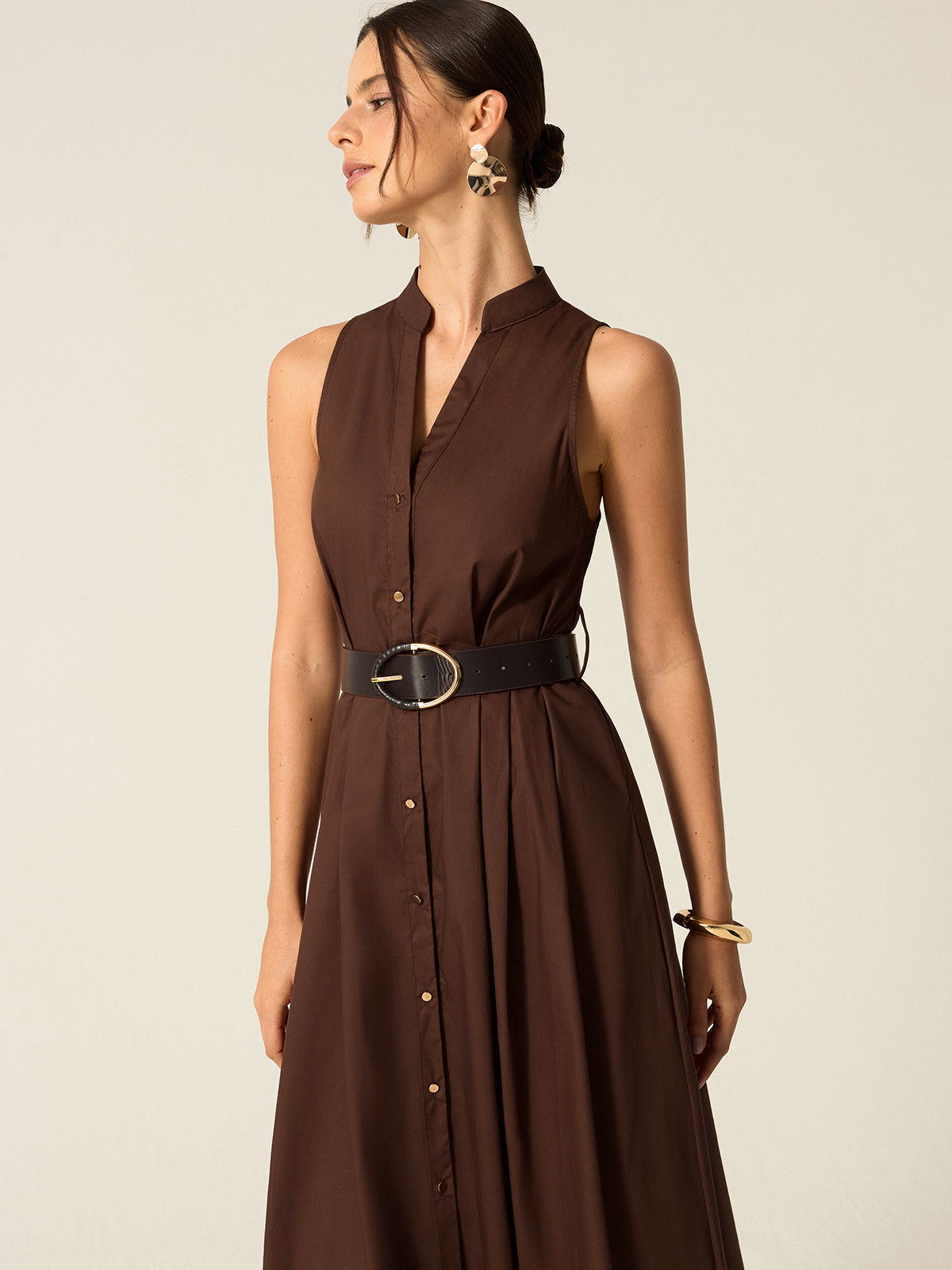Belted Button-Front Midi Dress