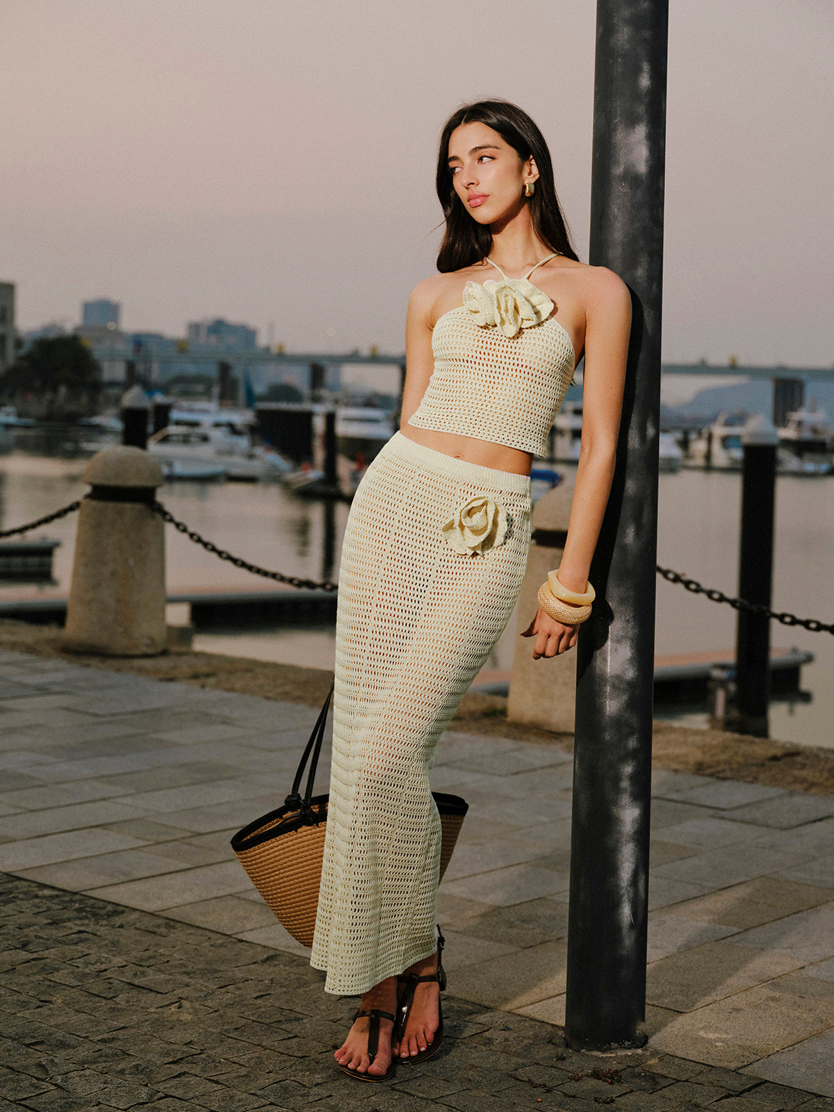 Knit Hollow Ditsy Floral Drawstring Skirt Set