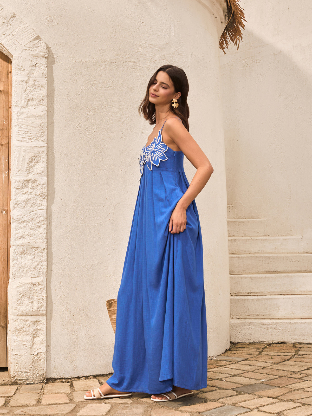 Cotton & Linen Floral Detail Cami Dress With Pockets