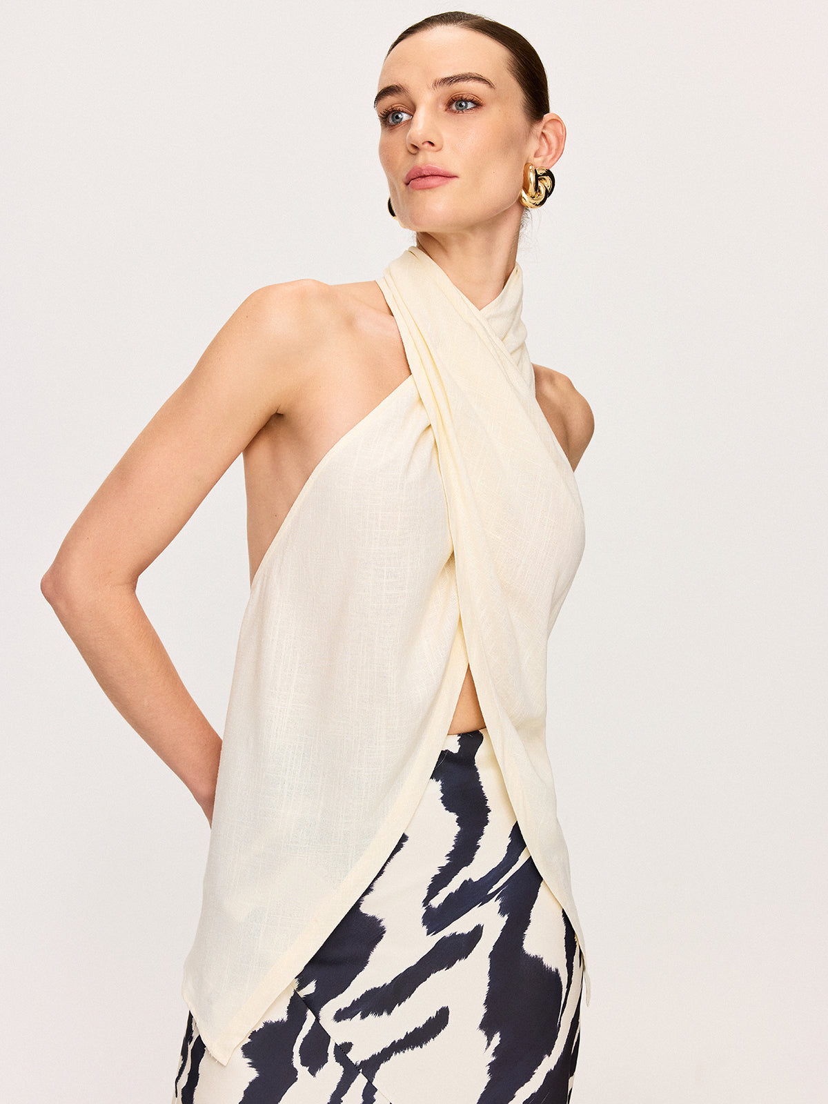 Cross-Halter Neck Wrap Top with Button Detail