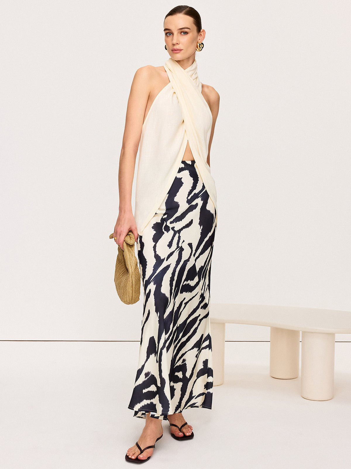 Cross-Halter Neck Wrap Top with Button Detail